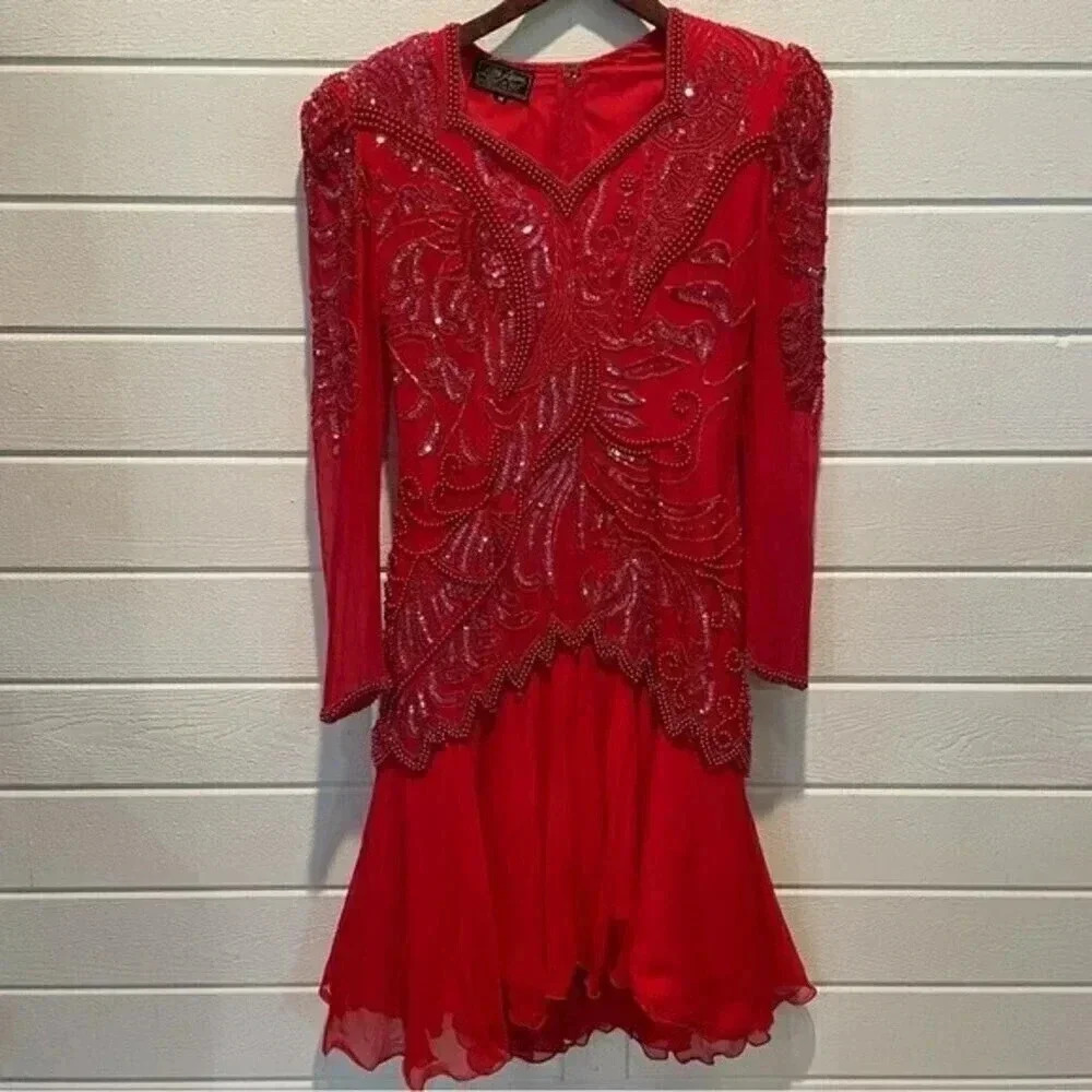 NWT Vintage Eve’s Allure Silk Beaded Semi Formal Cocktail Dancer’s Midi Dress M